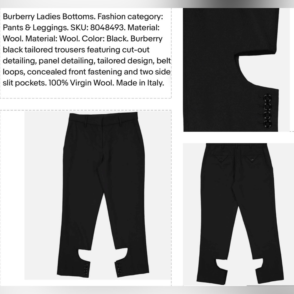 BURBERRY BLACK 100% YEAR ROUND VIRGIN WOOL PANTS WITH UNIQUE CUT OUT DETAILING - Picture 7 of 16